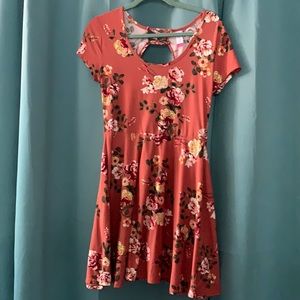 Large rust color flower print mini dress w/ flare
